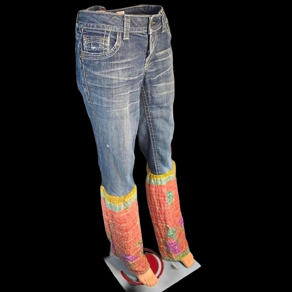 Vintage MEK Denim Jeans 29/34 Kantha Quilt Bell Bottom Boho Flare Patchwork Deni